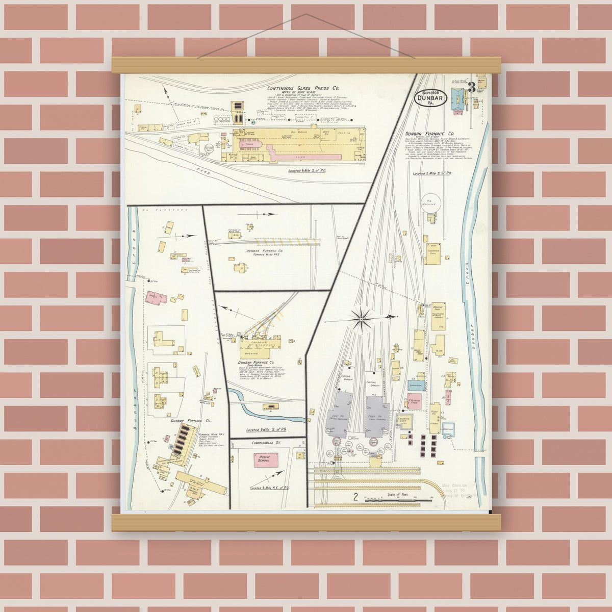 Old map wall art mockup — magnetic wood frame on brick wall — Sanborn Fire Insurance Map from Dunbar, Fayette County, Pennsylvania (1908), Sheet #0003