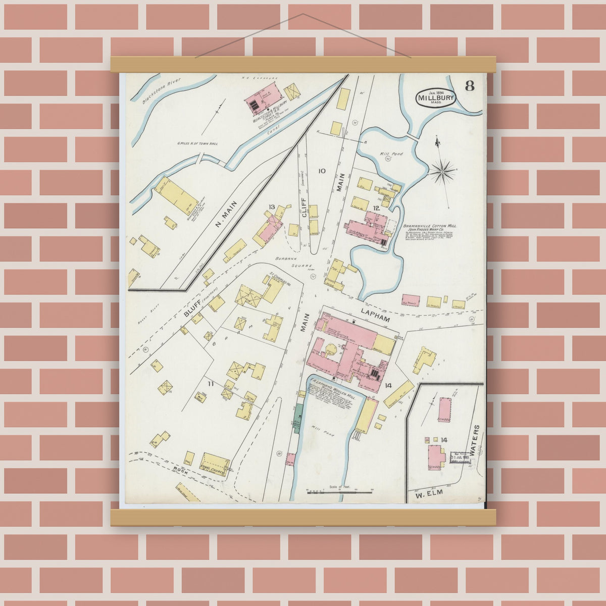 Old map wall art mockup — magnetic wood frame on brick wall — Sanborn Fire Insurance Map from Millbury, Worcester County, Massachusetts (1894), Sheet #0008
