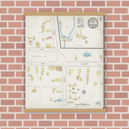 Old map wall art mockup — magnetic wood frame on brick wall — Sanborn Fire Insurance Map from Belchertown, Hampshire County, Massachusetts (1895) - Complete Map Set