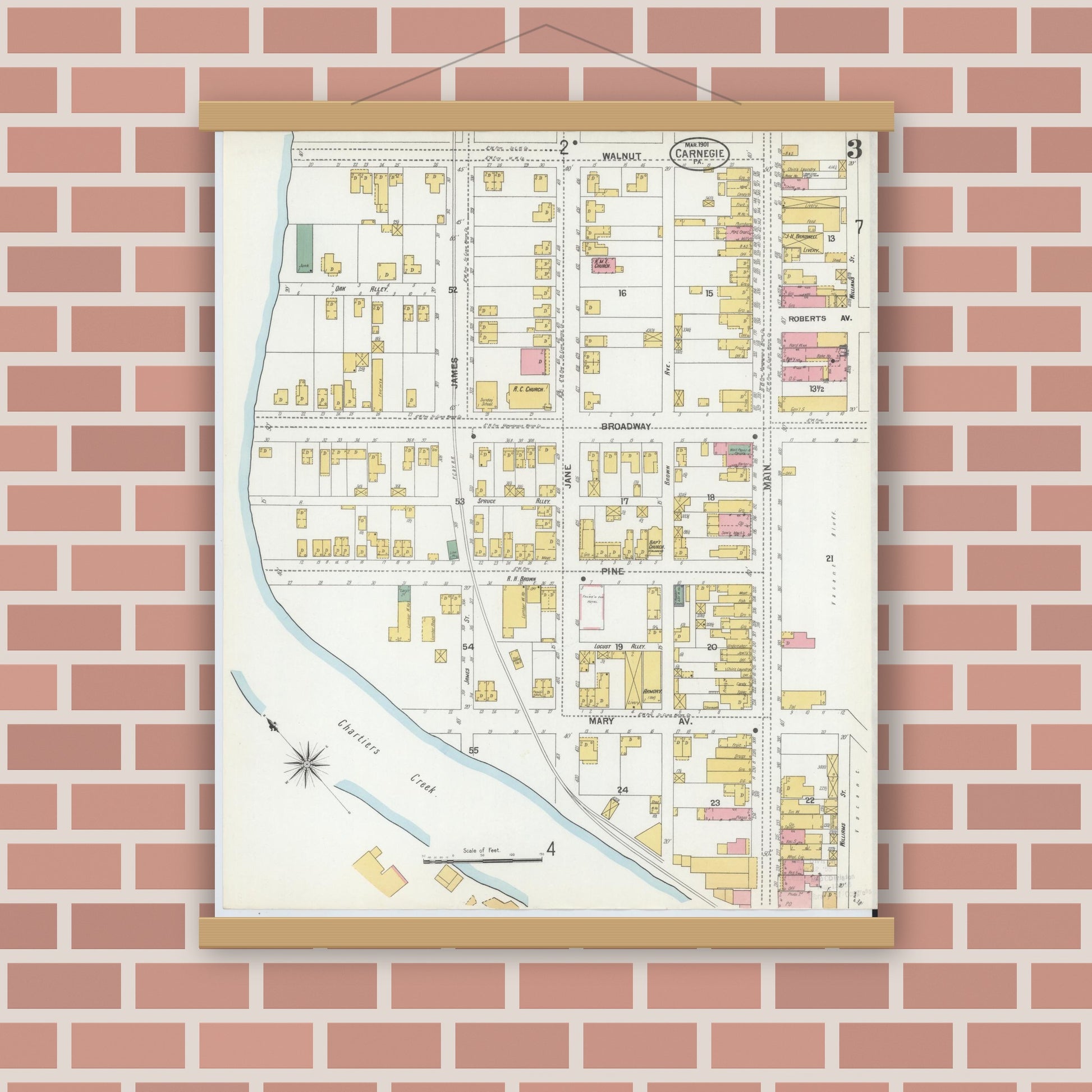Old map wall art mockup — magnetic wood frame on brick wall — Sanborn Fire Insurance Map from Carnegie, Allegheny County, Pennsylvania (1901), Sheet #0003