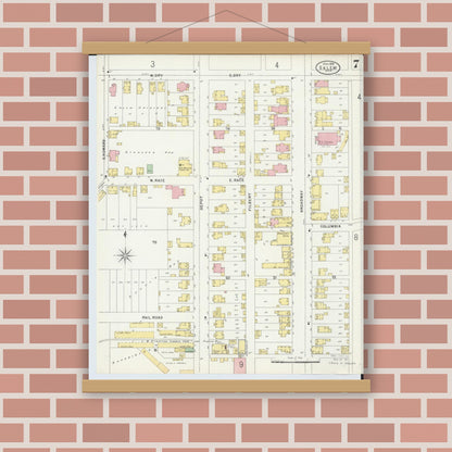 Old map wall art mockup — magnetic wood frame on brick wall — Sanborn Fire Insurance Map from Salem, Columbiana County, Ohio (1898), Sheet #0007