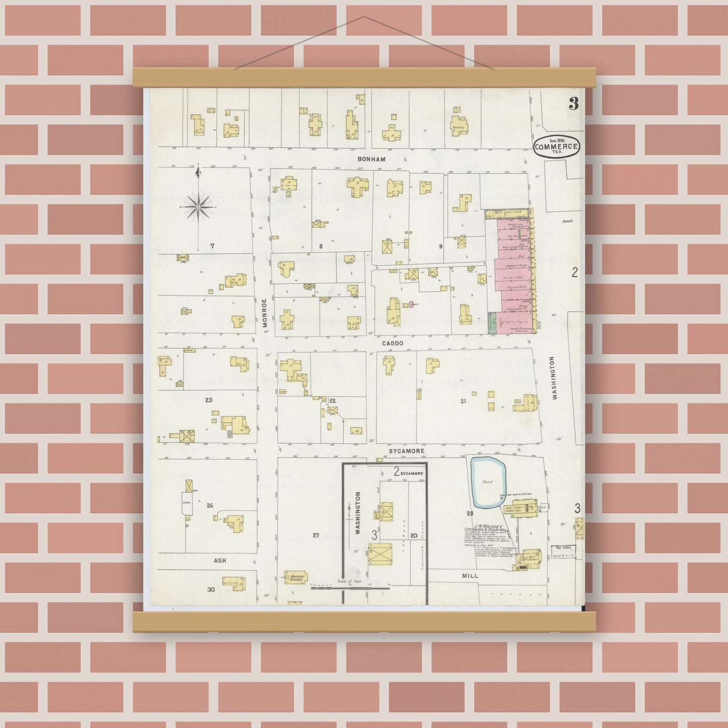 Old map wall art mockup — magnetic wood frame on brick wall — Sanborn Fire Insurance Map from Commerce, Hunt County, Texas (1896), Sheet #0003