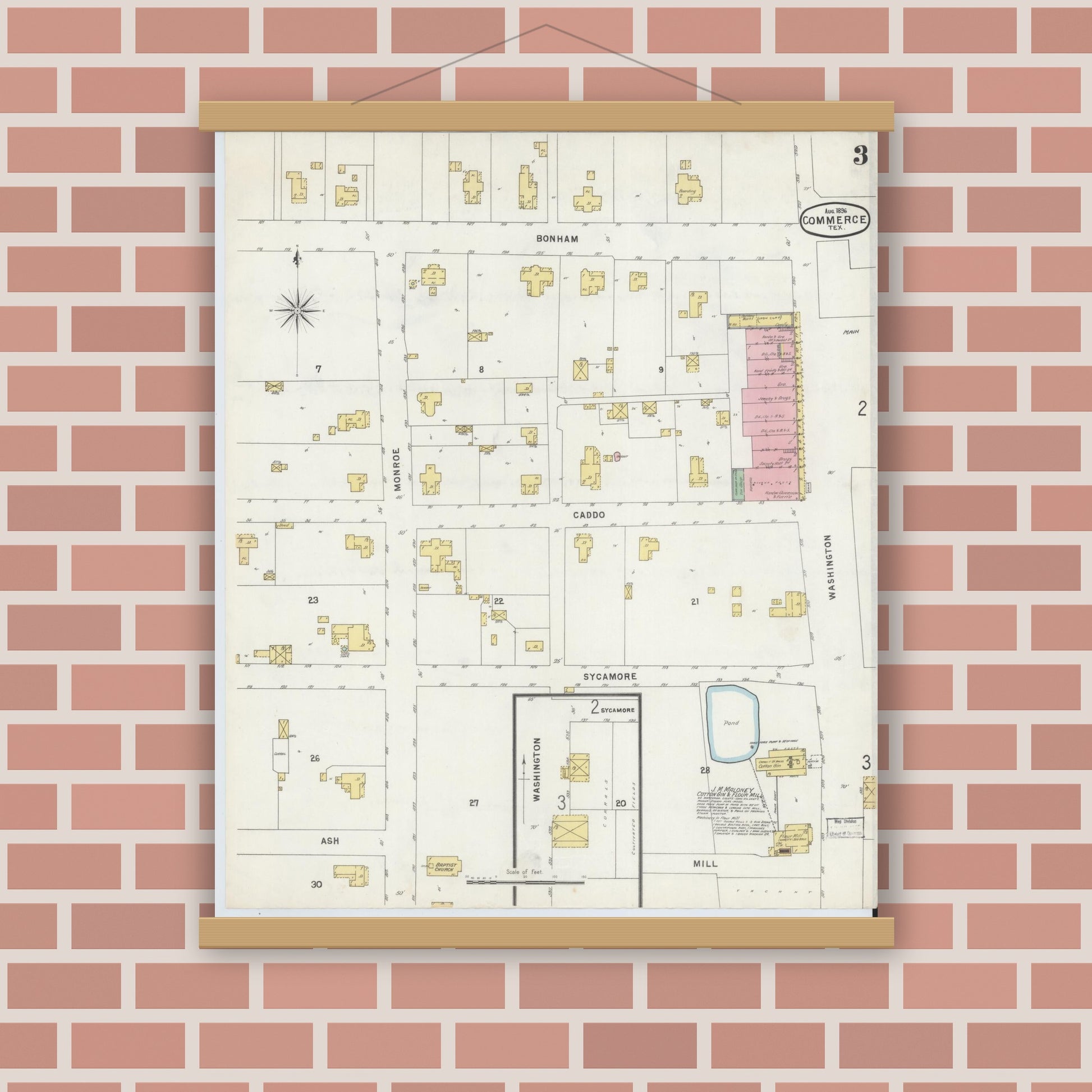 Old map wall art mockup — magnetic wood frame on brick wall — Sanborn Fire Insurance Map from Commerce, Hunt County, Texas (1896), Sheet #0003