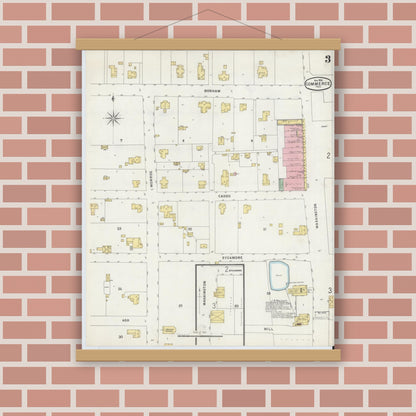 Old map wall art mockup — magnetic wood frame on brick wall — Sanborn Fire Insurance Map from Commerce, Hunt County, Texas (1896), Sheet #0003