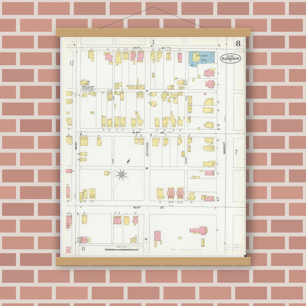 Old map wall art mockup — magnetic wood frame on brick wall — Sanborn Fire Insurance Map from Bloomsburg, Columbia County, Pennsylvania (1901), Sheet #0008
