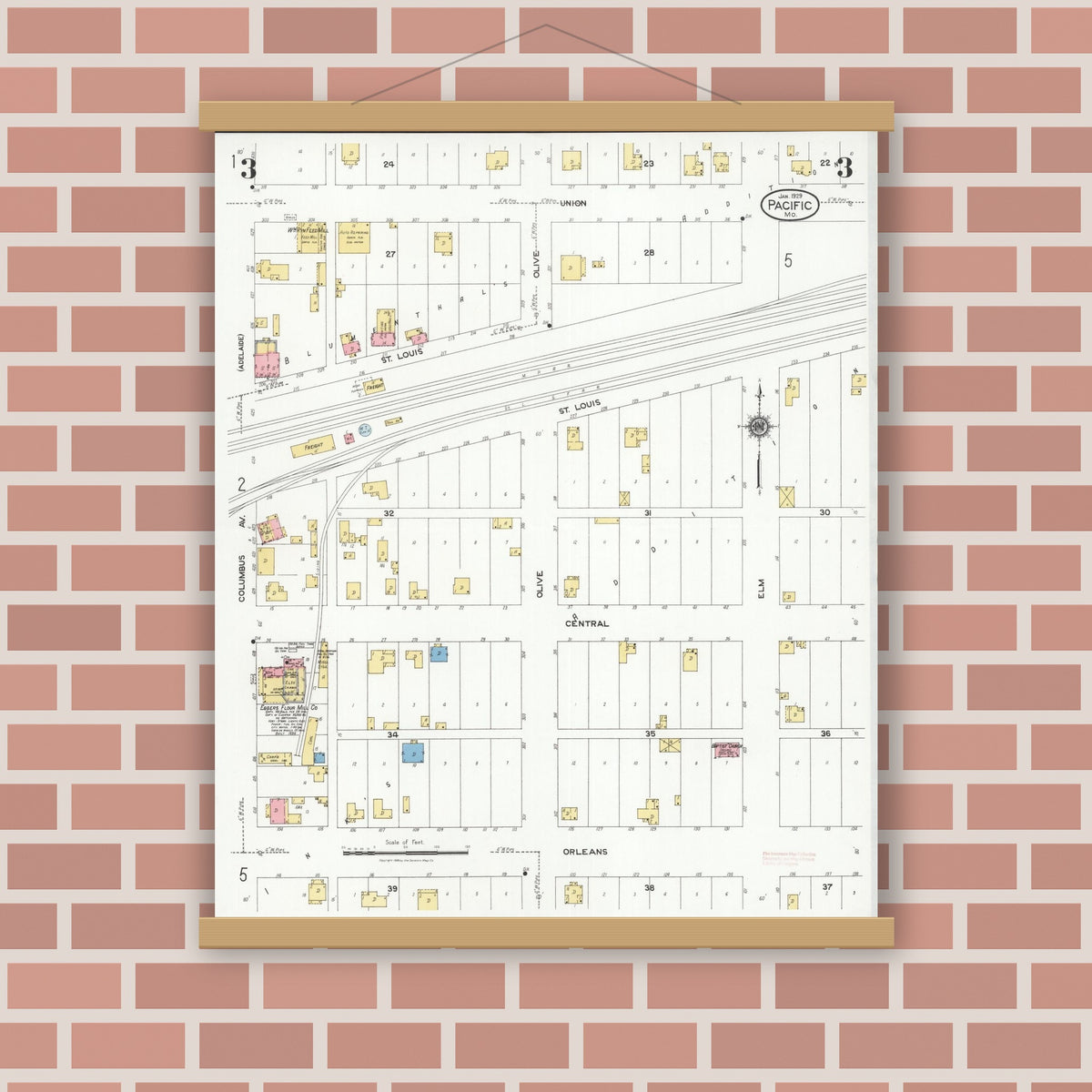 Old map wall art mockup — magnetic wood frame on brick wall — Sanborn Fire Insurance Map from Pacific, Franklin County, Missouri (1929), Sheet #0003