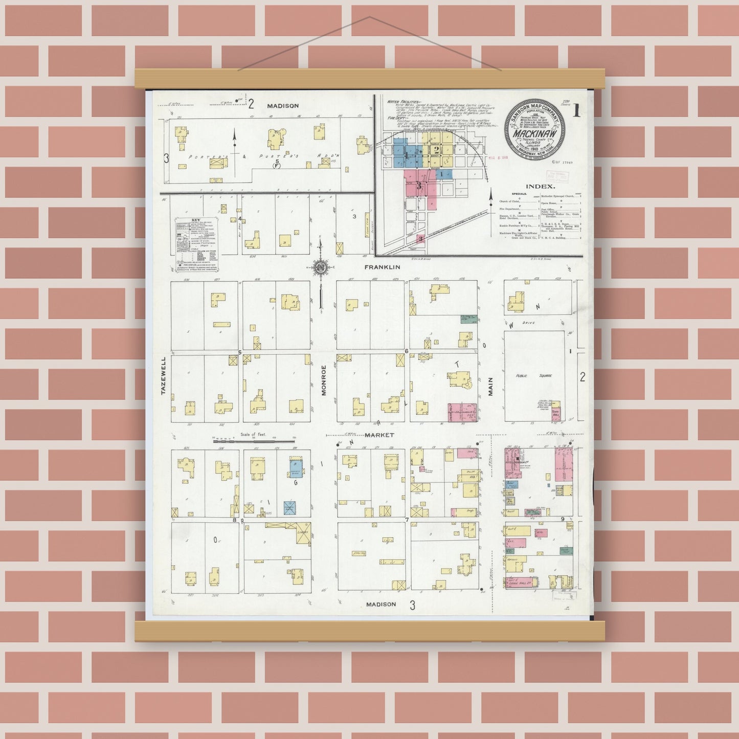 Old map wall art mockup — magnetic wood frame on brick wall — Sanborn Fire Insurance Map from Mackinaw, Tazewell County, Illinois (1910), Sheet #0001