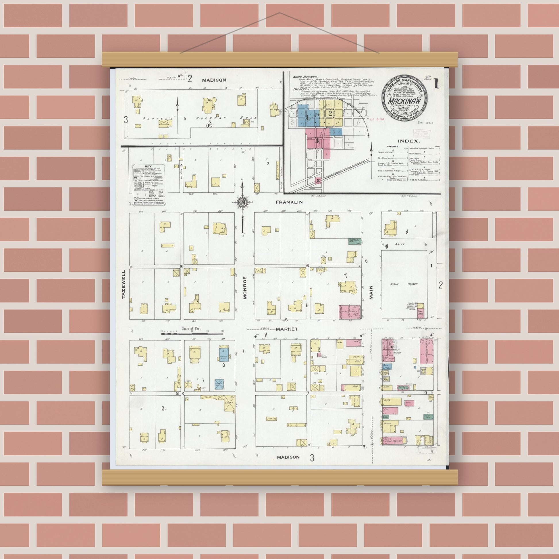 Old map wall art mockup — magnetic wood frame on brick wall — Sanborn Fire Insurance Map from Mackinaw, Tazewell County, Illinois (1910), Sheet #0001