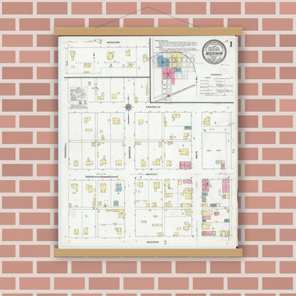Old map wall art mockup — magnetic wood frame on brick wall — Sanborn Fire Insurance Map from Mackinaw, Tazewell County, Illinois (1910), Sheet #0001