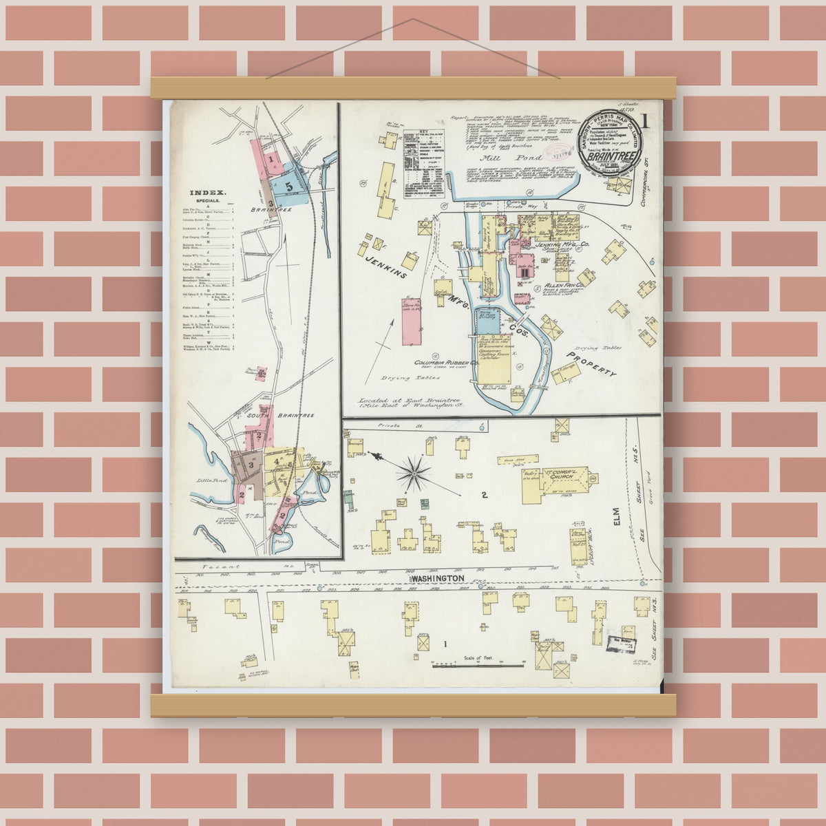 Old map wall art mockup — magnetic wood frame on brick wall — Sanborn Fire Insurance Map from Braintree, Norfolk County, Massachusetts (1891), Sheet #0001