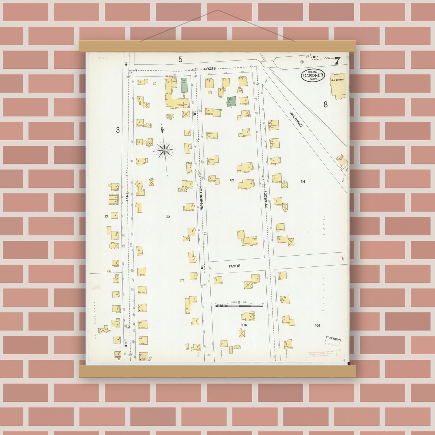 Old map wall art mockup — magnetic wood frame on brick wall — Sanborn Fire Insurance Map from Gardner, Worcester County, Massachusetts (1900), Sheet #0007