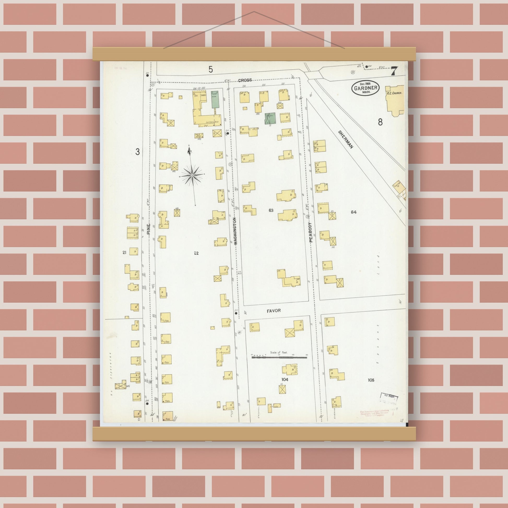 Old map wall art mockup — magnetic wood frame on brick wall — Sanborn Fire Insurance Map from Gardner, Worcester County, Massachusetts (1900), Sheet #0007