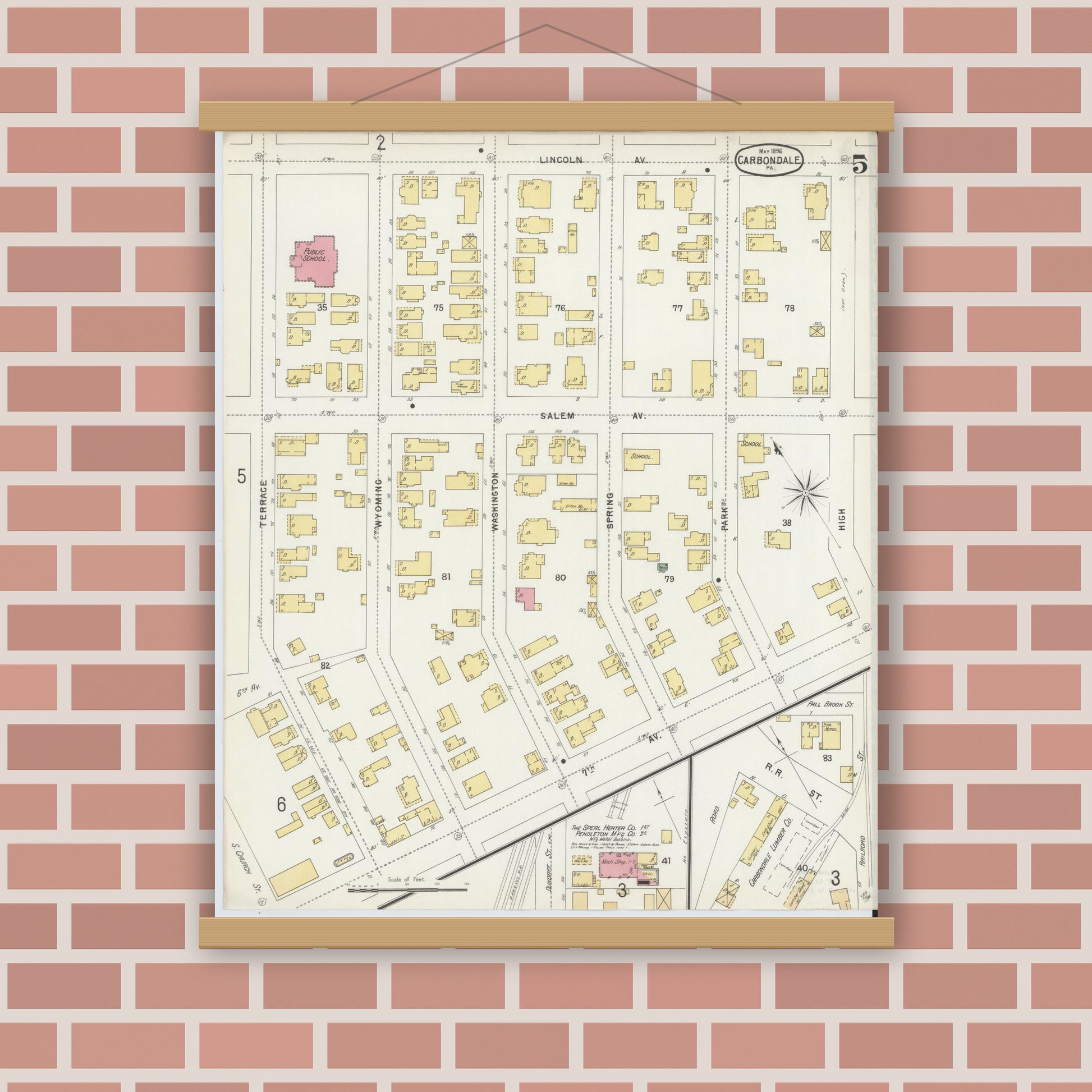 Old map wall art mockup — magnetic wood frame on brick wall — Sanborn Fire Insurance Map from Carbondale, Lackawanna County, Pennsylvania (1896), Sheet #0005