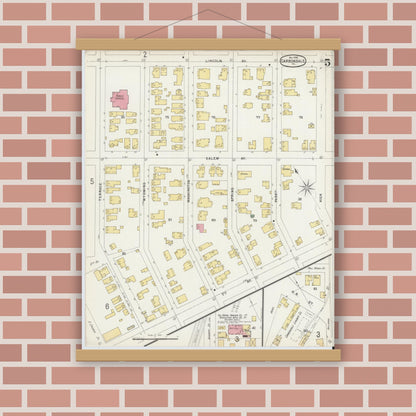 Old map wall art mockup — magnetic wood frame on brick wall — Sanborn Fire Insurance Map from Carbondale, Lackawanna County, Pennsylvania (1896), Sheet #0005