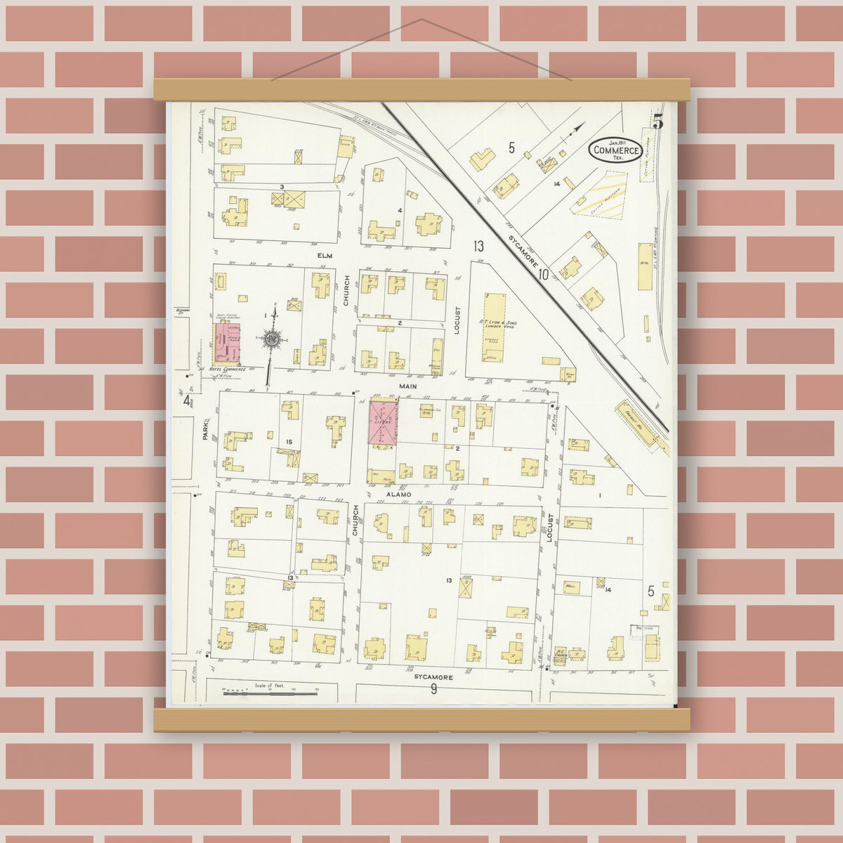 Old map wall art mockup — magnetic wood frame on brick wall — Sanborn Fire Insurance Map from Commerce, Hunt County, Texas (1911), Sheet #0005