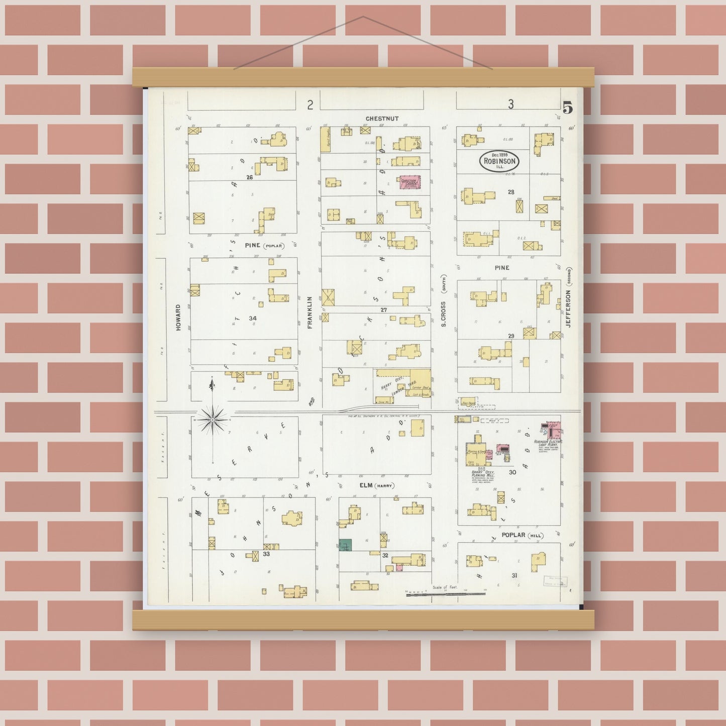 Old map wall art mockup — magnetic wood frame on brick wall — Sanborn Fire Insurance Map from Robinson, Crawford County, Illinois (1899), Sheet #0005