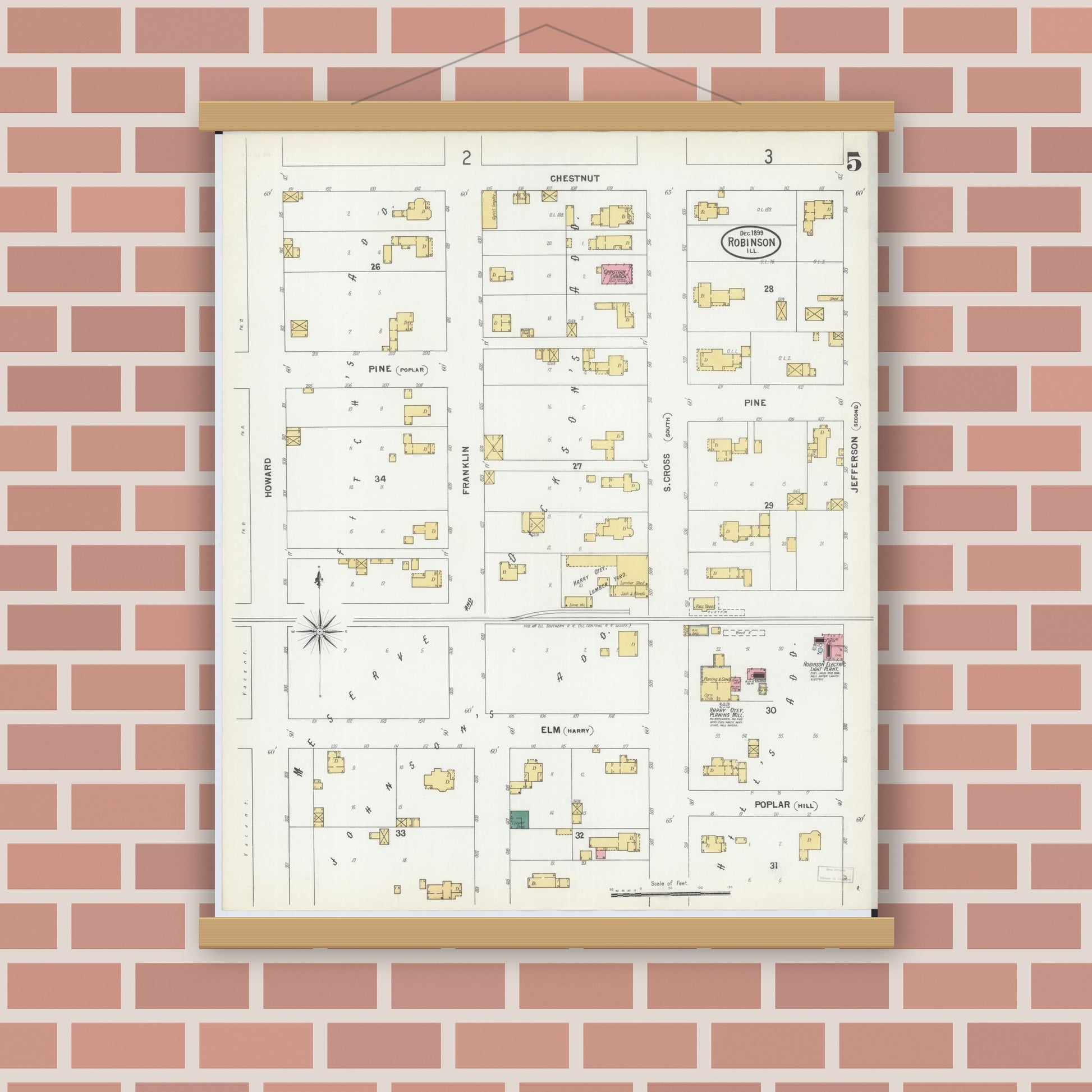 Old map wall art mockup — magnetic wood frame on brick wall — Sanborn Fire Insurance Map from Robinson, Crawford County, Illinois (1899), Sheet #0005