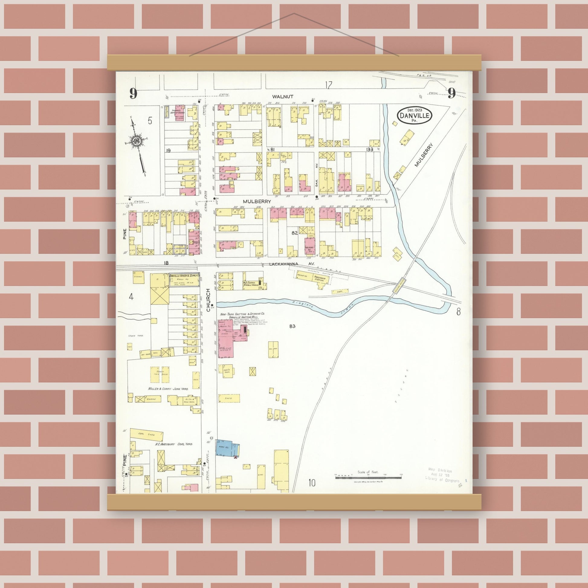 Old map wall art mockup — magnetic wood frame on brick wall — Sanborn Fire Insurance Map from Danville, Montour County, Pennsylvania (1923), Sheet #0009