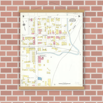 Old map wall art mockup — magnetic wood frame on brick wall — Sanborn Fire Insurance Map from Danville, Montour County, Pennsylvania (1923), Sheet #0009
