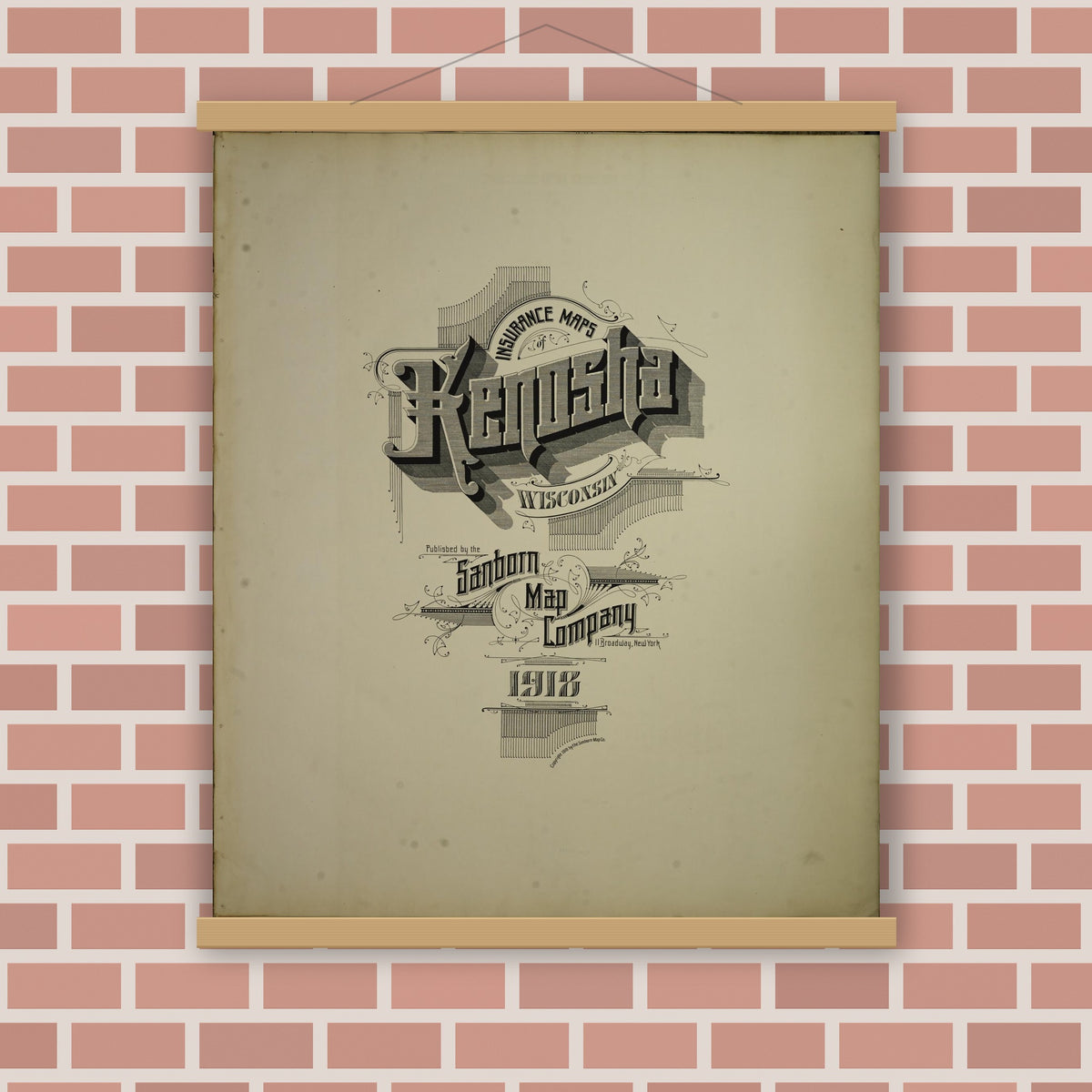 Old map wall art mockup — magnetic wood frame on brick wall — Sanborn Fire Insurance Map from Kenosha, Kenosha County, Wisconsin. (1918), Sheet 1