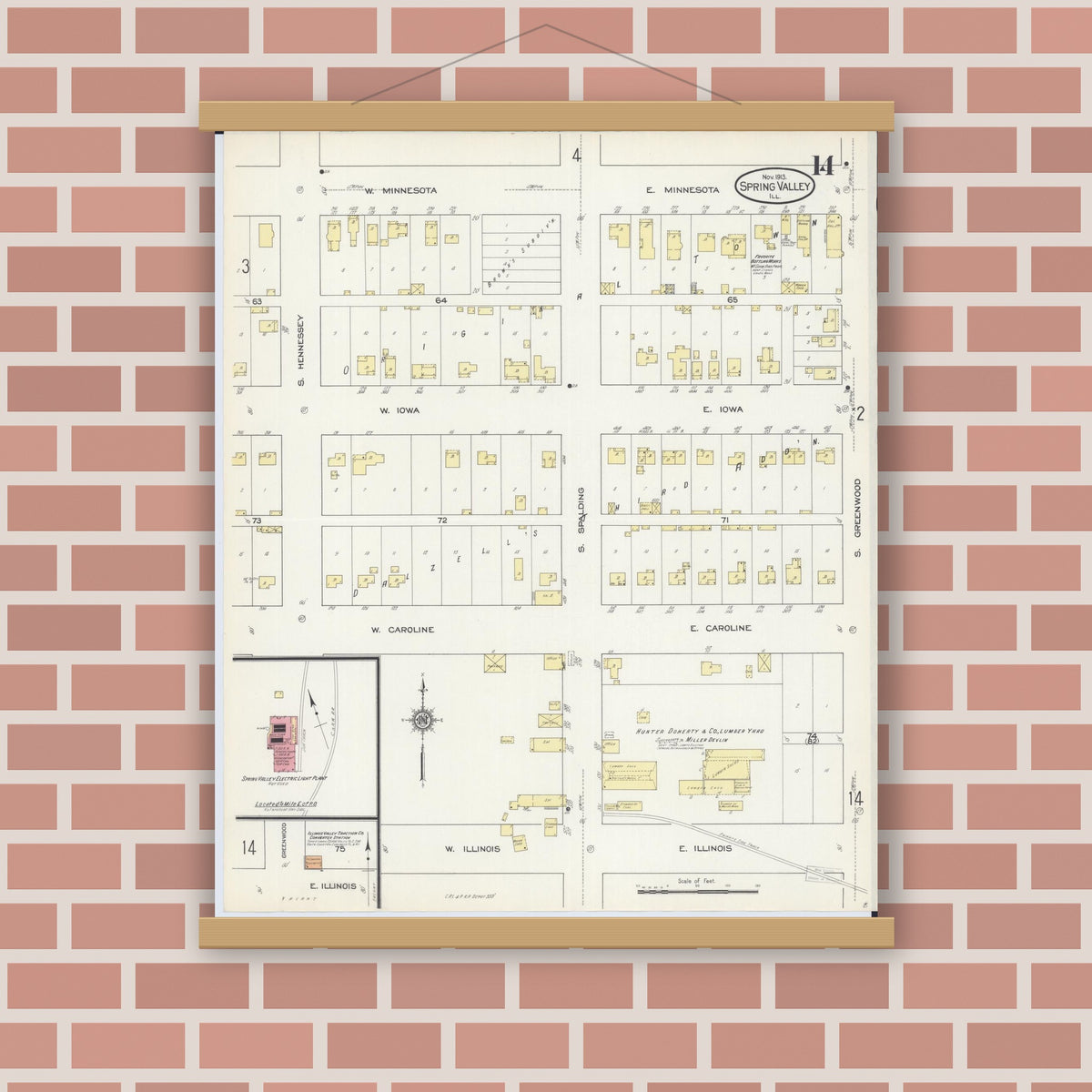 Old map wall art mockup — magnetic wood frame on brick wall — Sanborn Fire Insurance Map from Spring Valley, Bureau County, Illinois (1913), Sheet #0014