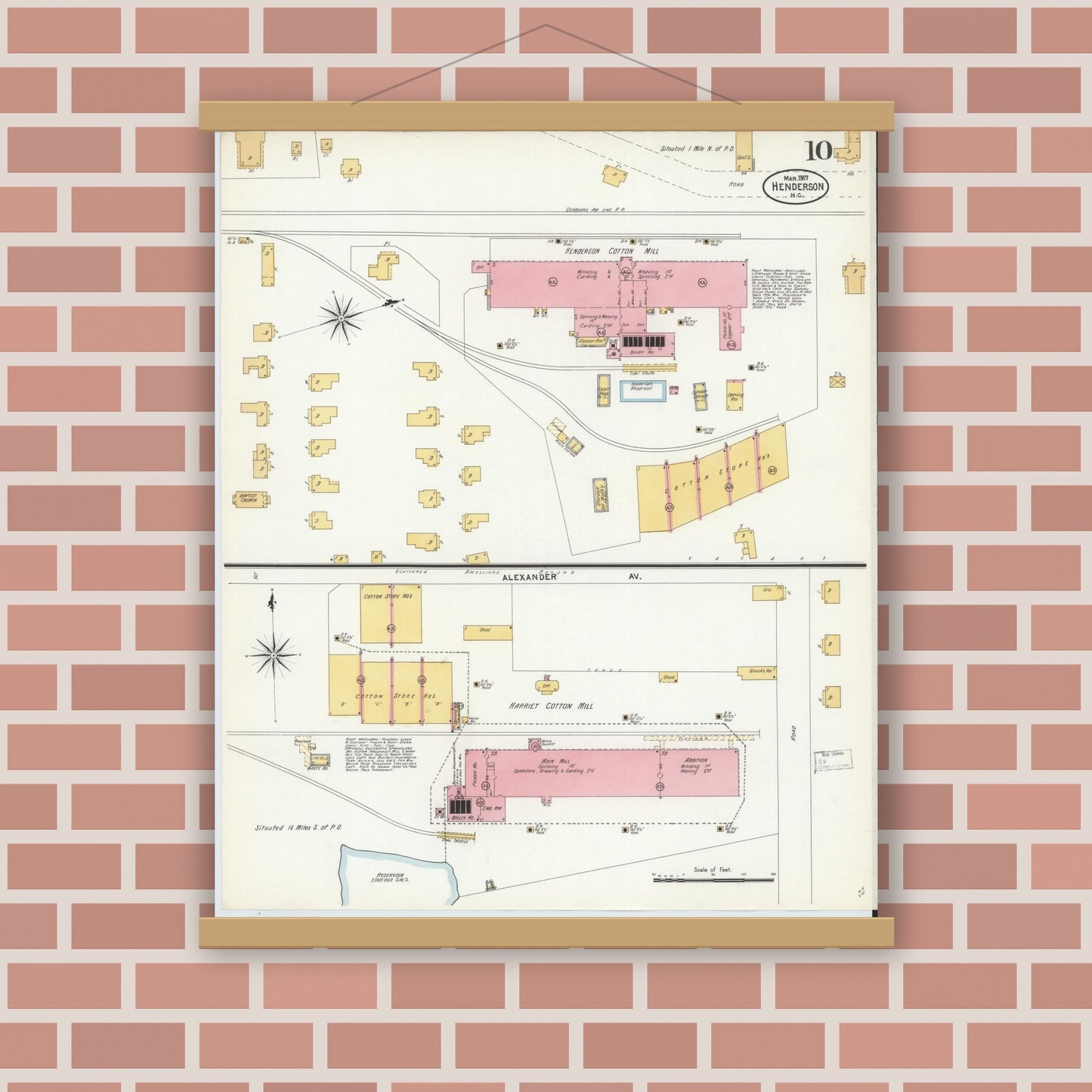 Old map wall art mockup — magnetic wood frame on brick wall — Sanborn Fire Insurance Map from Henderson, Vance County, North Carolina (1907), Sheet #0010