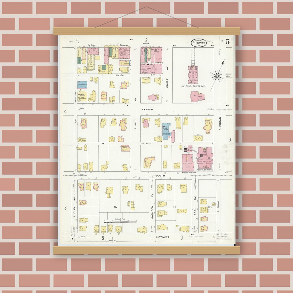 Old map wall art mockup — magnetic wood frame on brick wall — Sanborn Fire Insurance Map from Ridgway, Elk County, Pennsylvania (1909), Sheet #0005