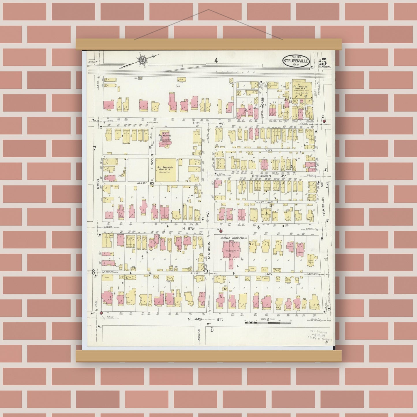 Old map wall art mockup — magnetic wood frame on brick wall — Sanborn Fire Insurance Map from Steubenville, Jefferson County, Ohio (1913), Sheet #0005