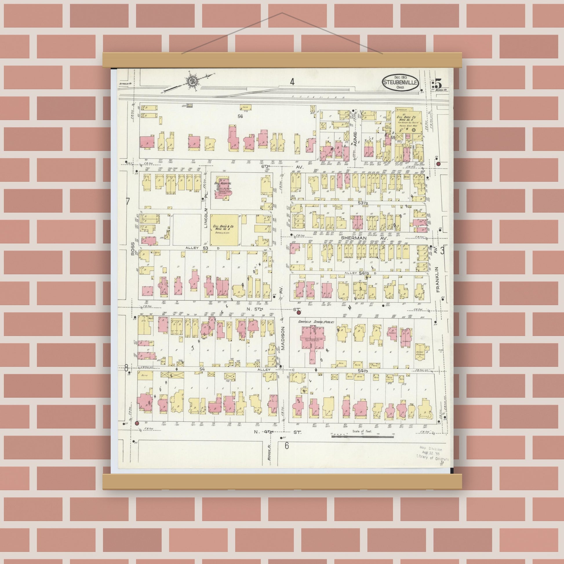 Old map wall art mockup — magnetic wood frame on brick wall — Sanborn Fire Insurance Map from Steubenville, Jefferson County, Ohio (1913), Sheet #0005