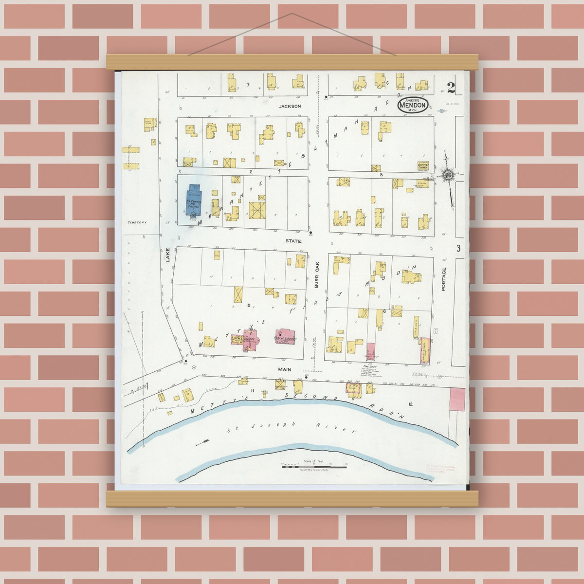 Old map wall art mockup — magnetic wood frame on brick wall — Sanborn Fire Insurance Map from Mendon, Saint Joseph County, Michigan (1918), Sheet #0002