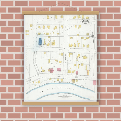 Old map wall art mockup — magnetic wood frame on brick wall — Sanborn Fire Insurance Map from Mendon, Saint Joseph County, Michigan (1918), Sheet #0002