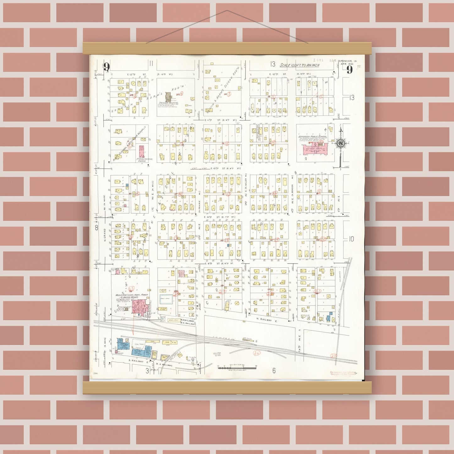 Old map wall art mockup — magnetic wood frame on brick wall — Sanborn Fire Insurance Map from Spencer, Clay County, Iowa (1946), Sheet #0009