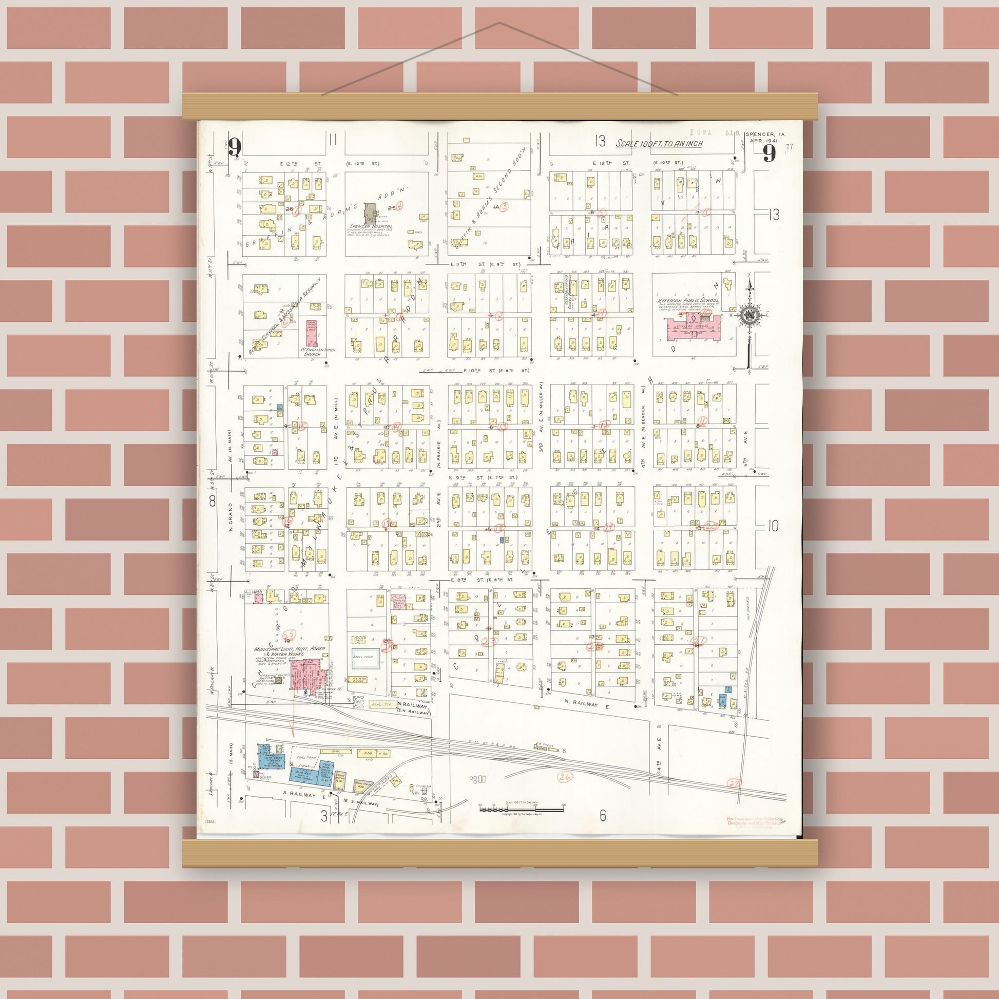 Old map wall art mockup — magnetic wood frame on brick wall — Sanborn Fire Insurance Map from Spencer, Clay County, Iowa (1946), Sheet #0009