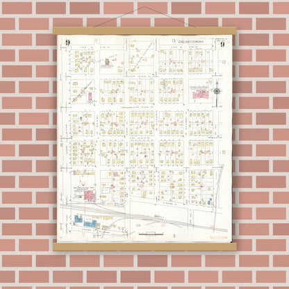 Old map wall art mockup — magnetic wood frame on brick wall — Sanborn Fire Insurance Map from Spencer, Clay County, Iowa (1946), Sheet #0009