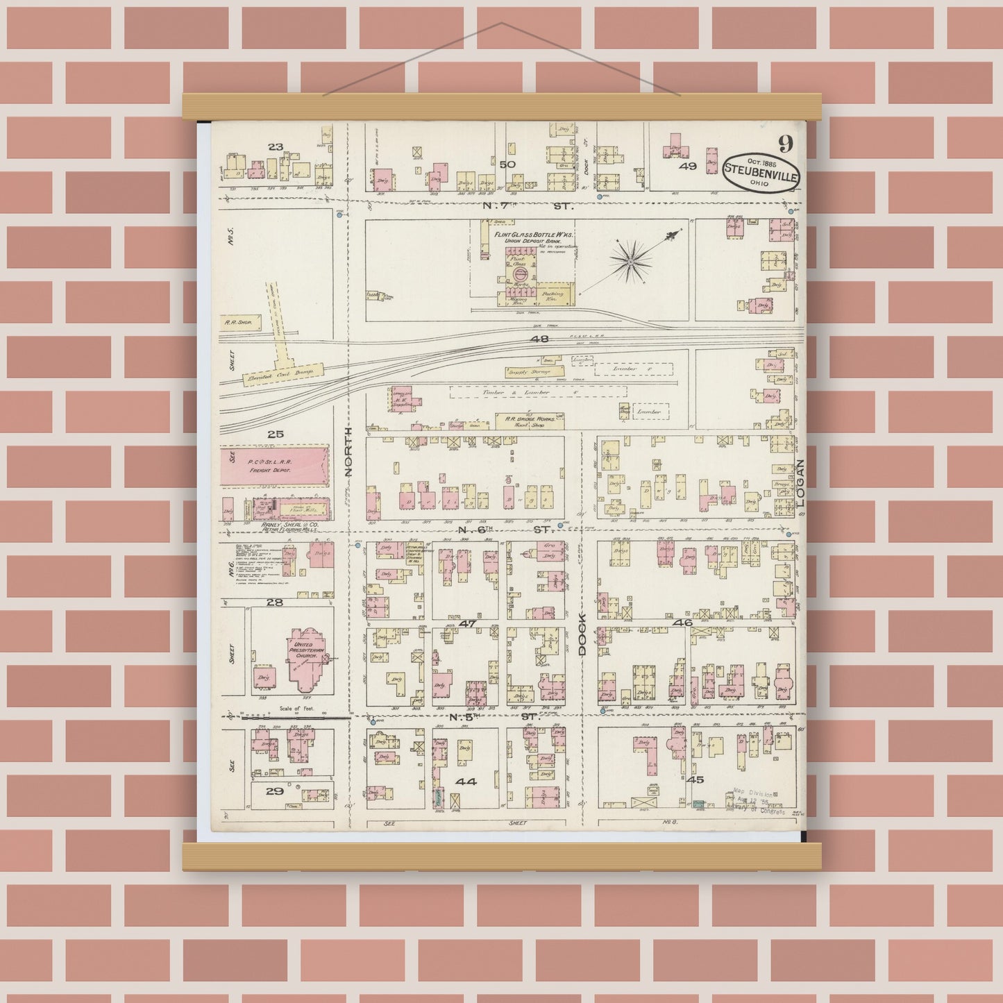 Old map wall art mockup — magnetic wood frame on brick wall — Sanborn Fire Insurance Map from Steubenville, Jefferson County, Ohio (1885), Sheet #0009
