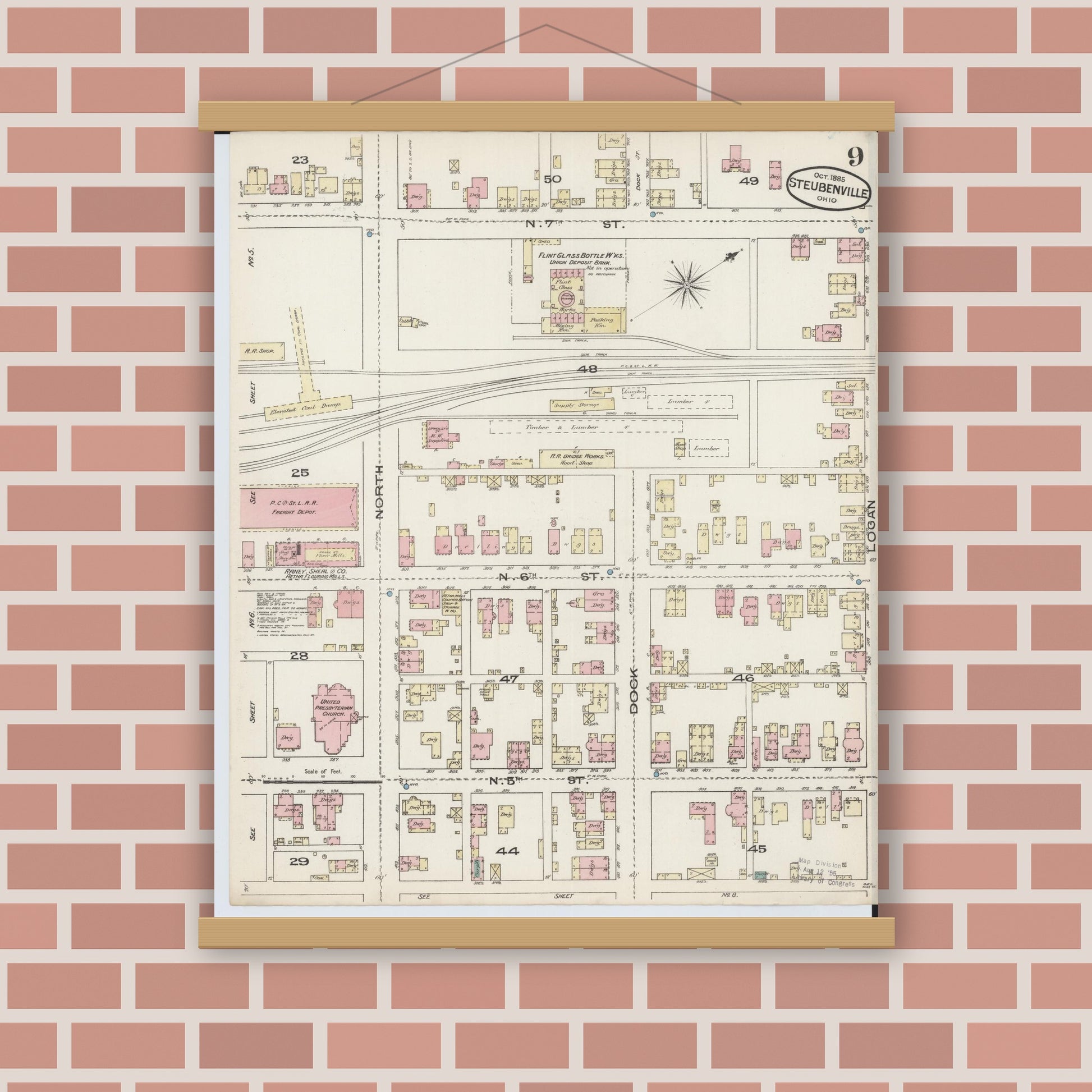 Old map wall art mockup — magnetic wood frame on brick wall — Sanborn Fire Insurance Map from Steubenville, Jefferson County, Ohio (1885), Sheet #0009