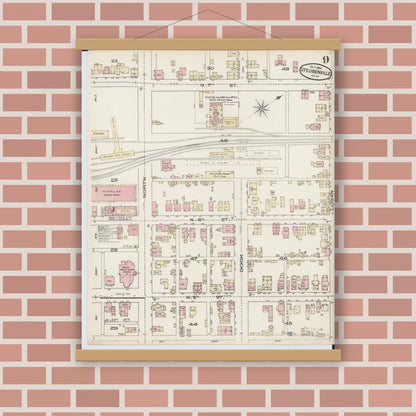 Old map wall art mockup — magnetic wood frame on brick wall — Sanborn Fire Insurance Map from Steubenville, Jefferson County, Ohio (1885), Sheet #0009