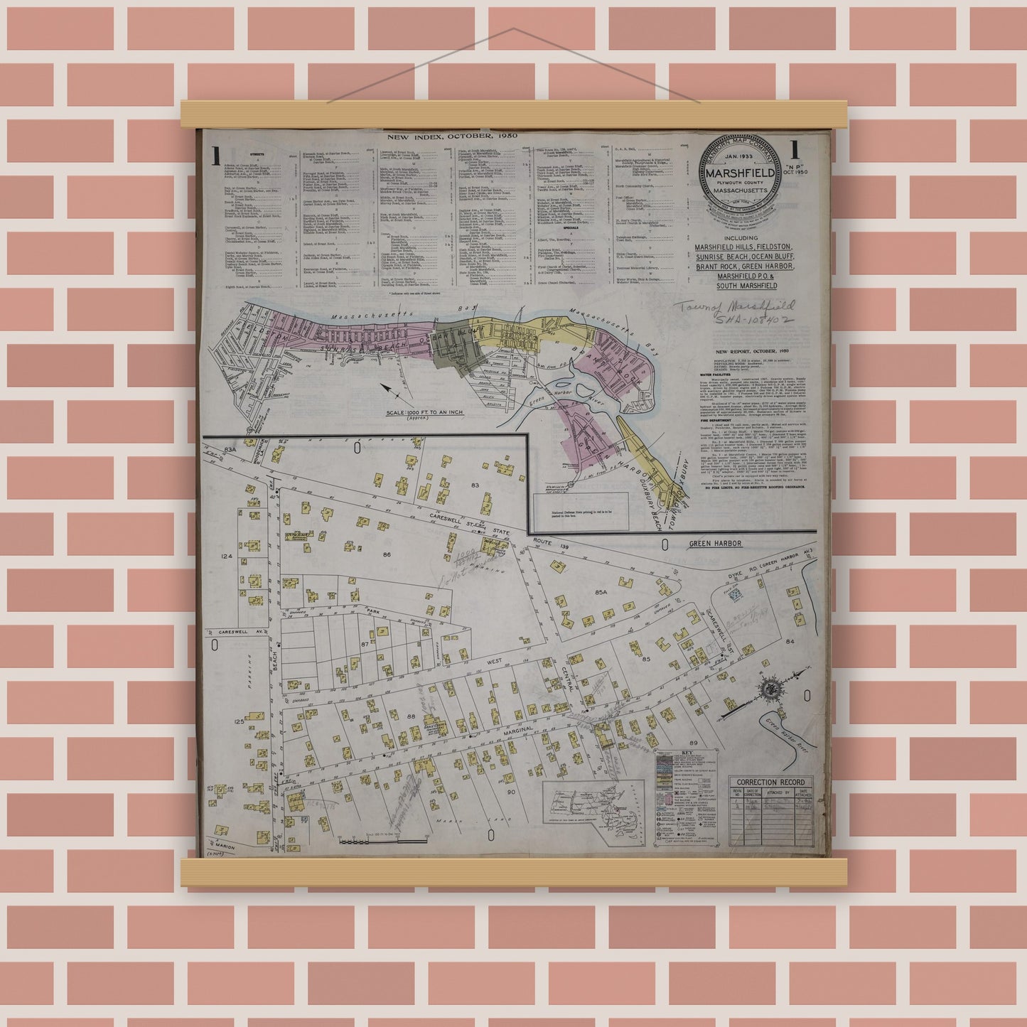 Old map wall art mockup — magnetic wood frame on brick wall — Sanborn Fire Insurance Map from Marshfield, Plymouth County, Massachusetts (1950) - Complete Map Set