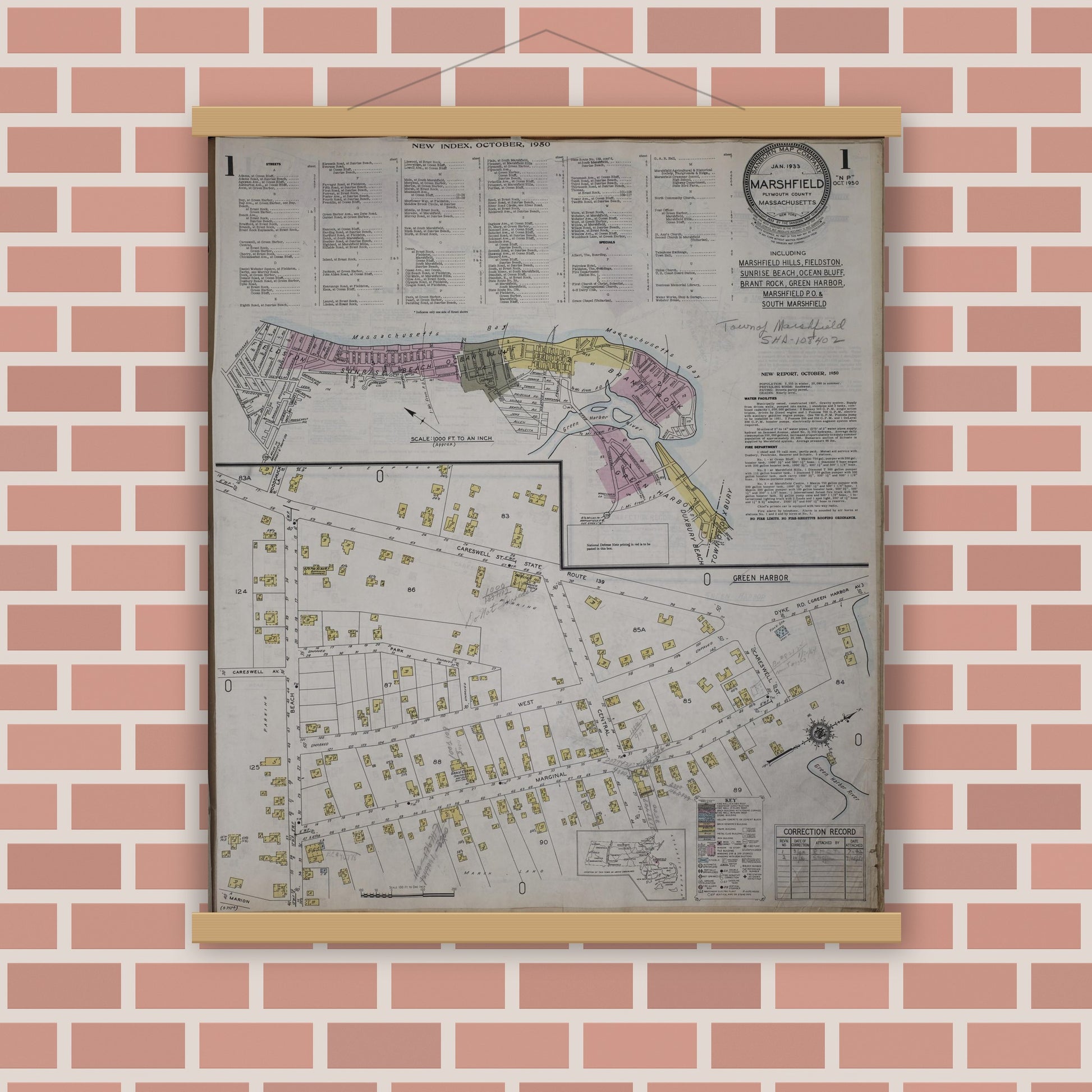 Old map wall art mockup — magnetic wood frame on brick wall — Sanborn Fire Insurance Map from Marshfield, Plymouth County, Massachusetts (1950) - Complete Map Set