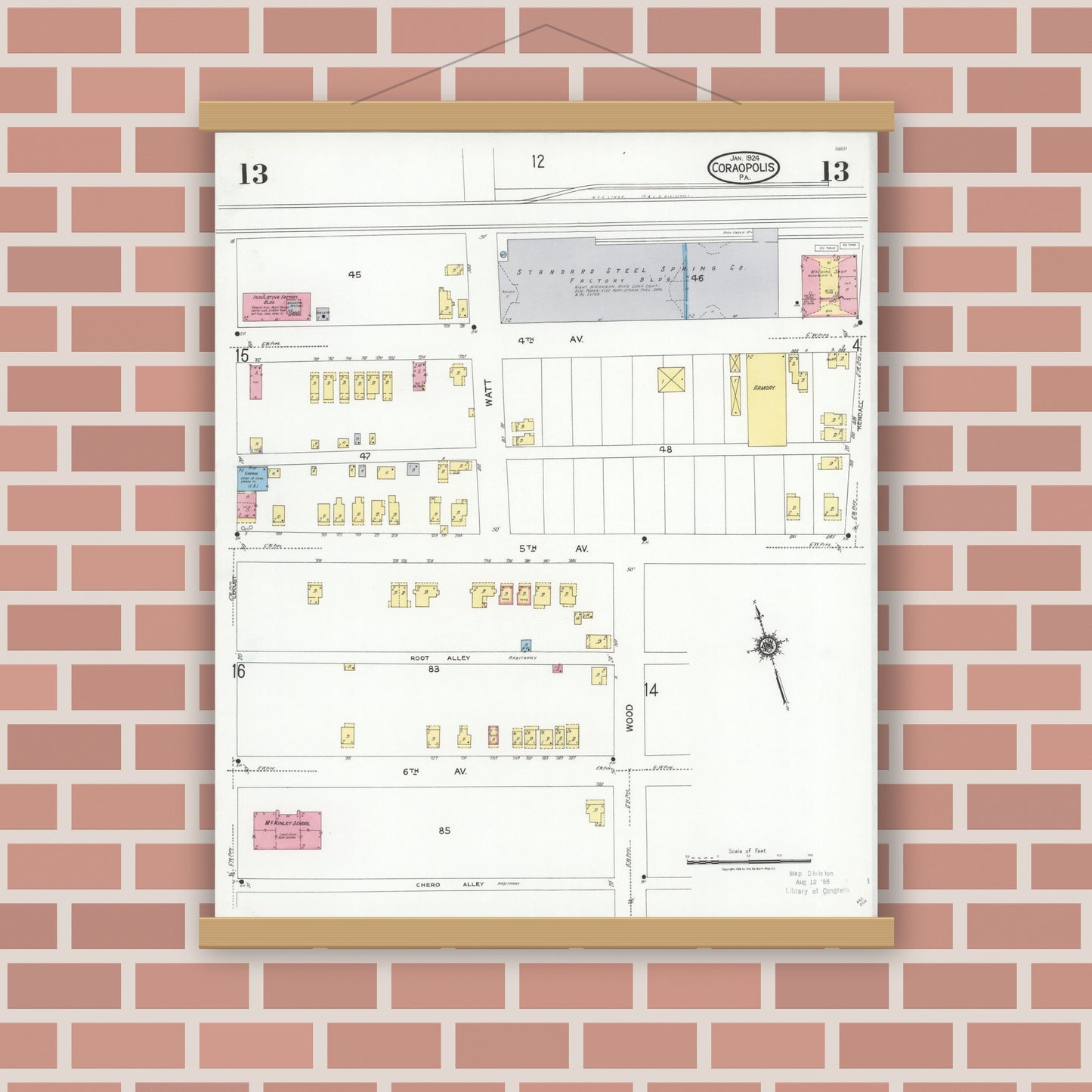 Old map wall art mockup — magnetic wood frame on brick wall — Sanborn Fire Insurance Map from Coraopolis, Allegheny County, Pennsylvania (1924), Sheet #0013