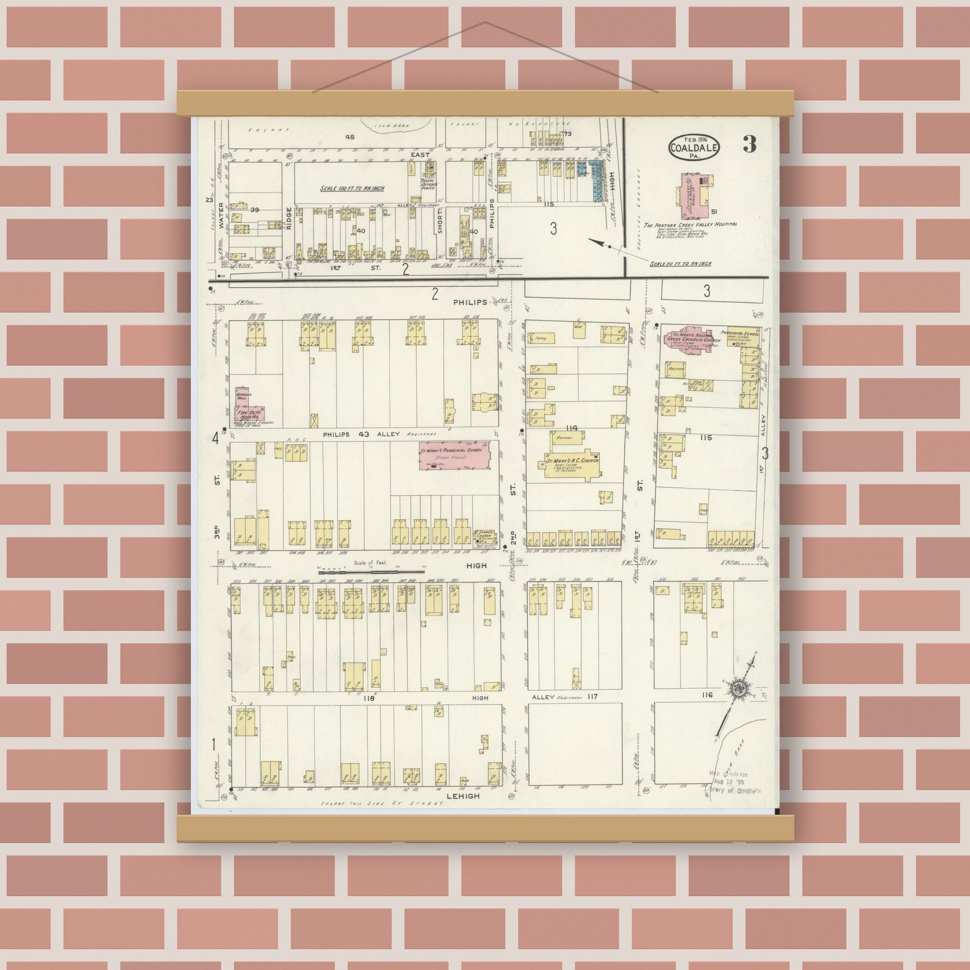 Old map wall art mockup — magnetic wood frame on brick wall — Sanborn Fire Insurance Map from Coaldale, Schuylkill County, Pennsylvania (1916), Sheet #0003