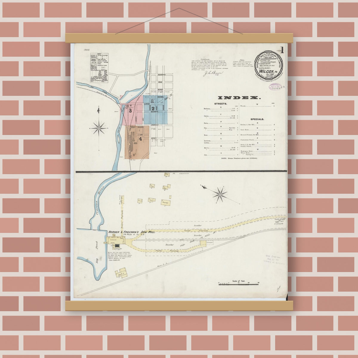 Old map wall art mockup — magnetic wood frame on brick wall — Sanborn Fire Insurance Map from Wilcox, Elk County, Pennsylvania (1887) - Complete Map Set