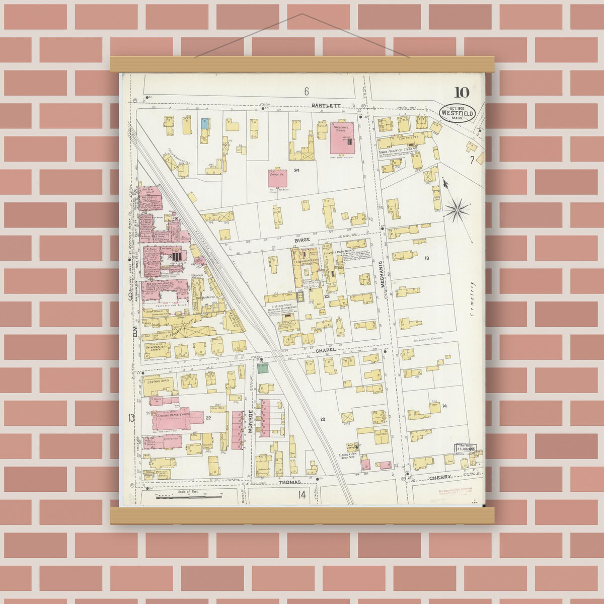 Old map wall art mockup — magnetic wood frame on brick wall — Sanborn Fire Insurance Map from Westfield, Hampden County, Massachusetts (1905), Sheet #0010