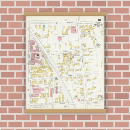 Old map wall art mockup — magnetic wood frame on brick wall — Sanborn Fire Insurance Map from Westfield, Hampden County, Massachusetts (1905), Sheet #0010