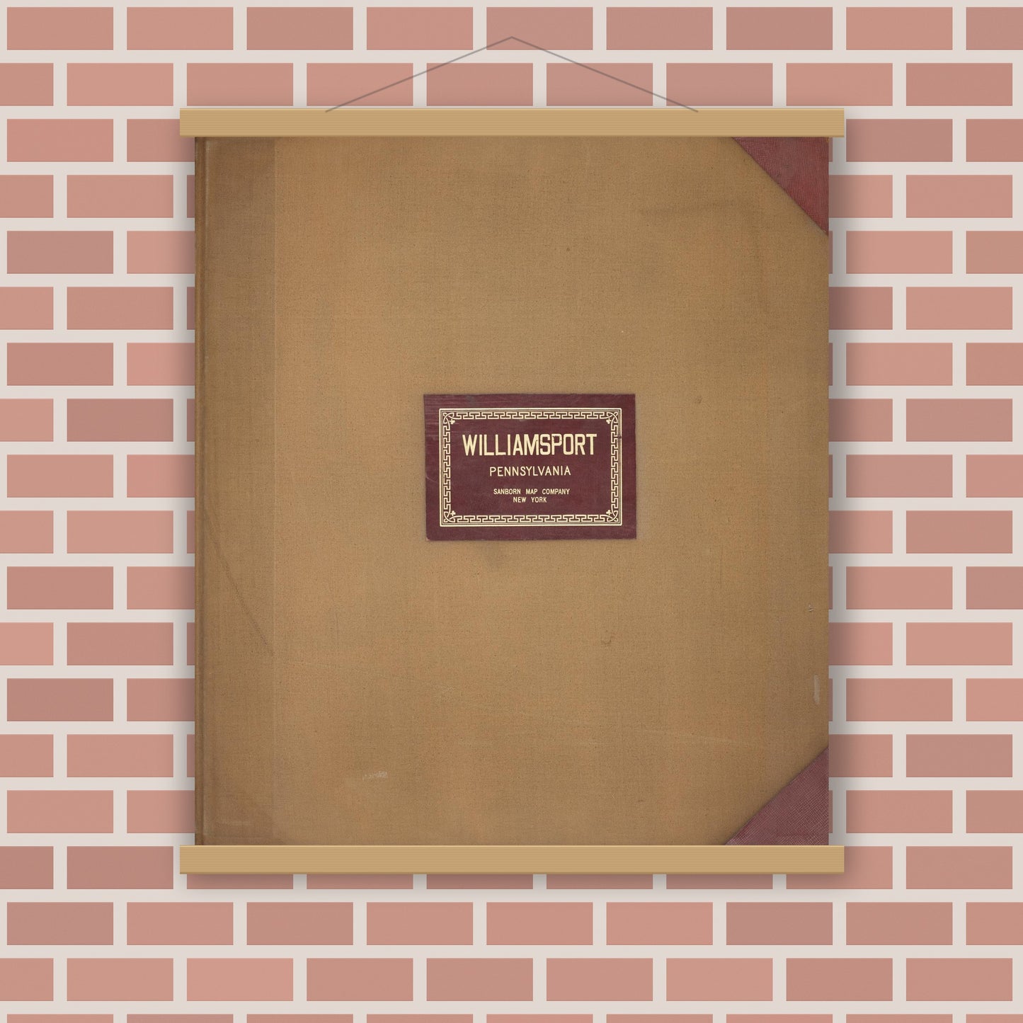 Old map wall art mockup — magnetic wood frame on brick wall — Sanborn Fire Insurance Map from Williamsport, Lycoming County, Pennsylvania (1950), Sheet #0001