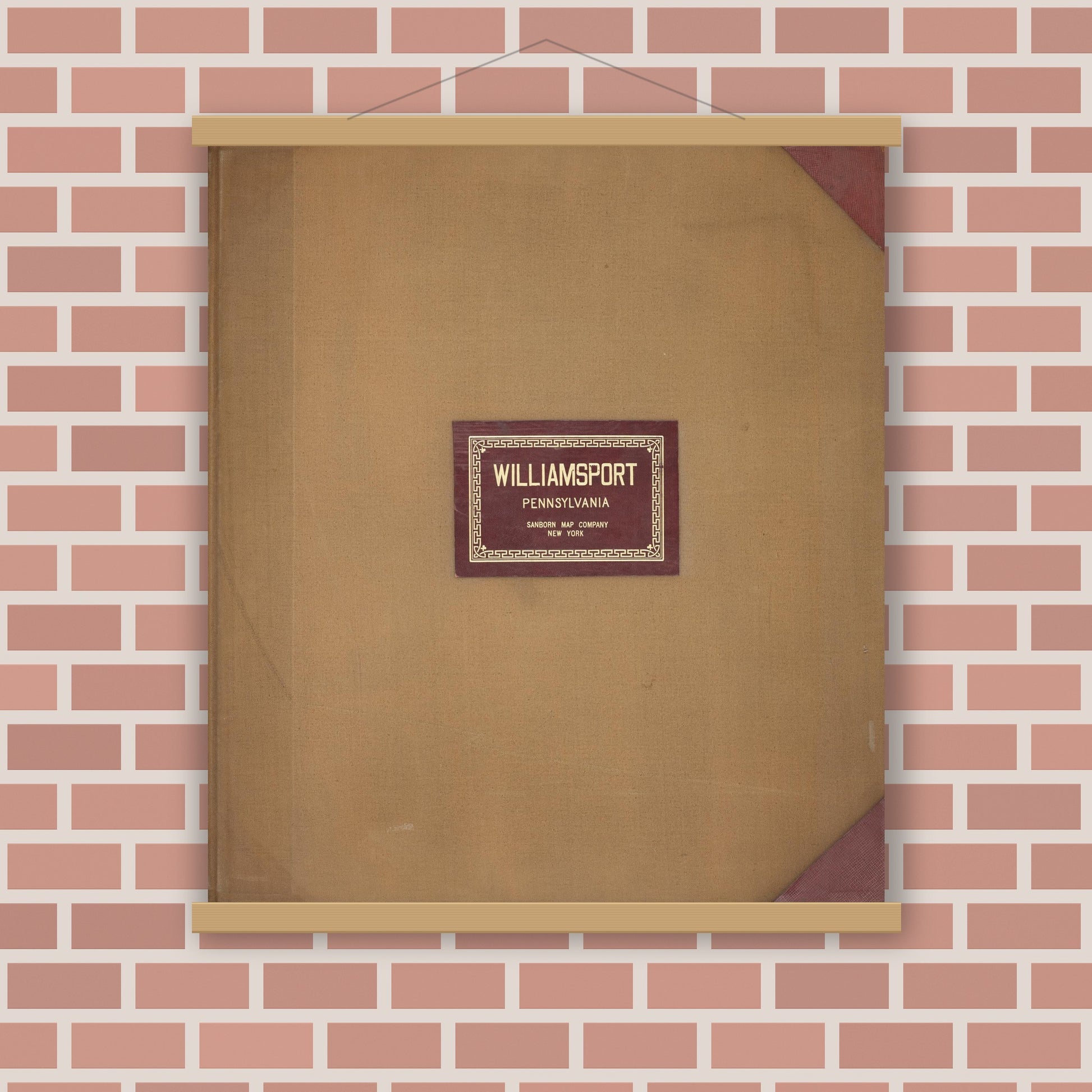 Old map wall art mockup — magnetic wood frame on brick wall — Sanborn Fire Insurance Map from Williamsport, Lycoming County, Pennsylvania (1950), Sheet #0001