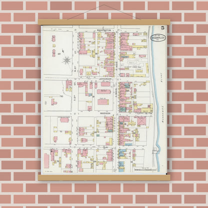Old map wall art mockup — magnetic wood frame on brick wall — Sanborn Fire Insurance Map from Saint Charles, Saint Charles County, Missouri (1893), Sheet #0005