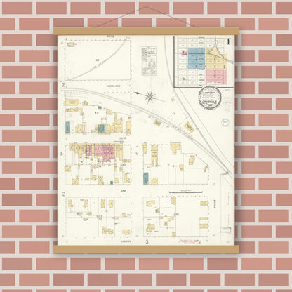 Old map wall art mockup — magnetic wood frame on brick wall — Sanborn Fire Insurance Map from Davis, Yolo County, California (1900), Sheet #0001