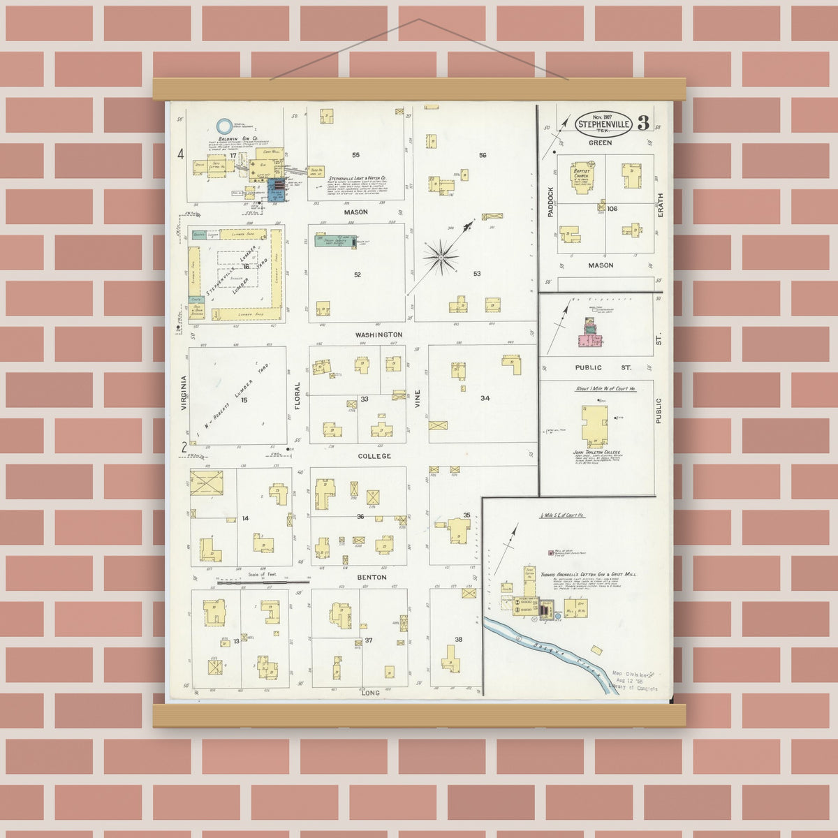 Old map wall art mockup — magnetic wood frame on brick wall — Sanborn Fire Insurance Map from Stephenville, Erath County, Texas (1907), Sheet #0003