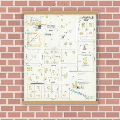 Old map wall art mockup — magnetic wood frame on brick wall — Sanborn Fire Insurance Map from Stephenville, Erath County, Texas (1907), Sheet #0003